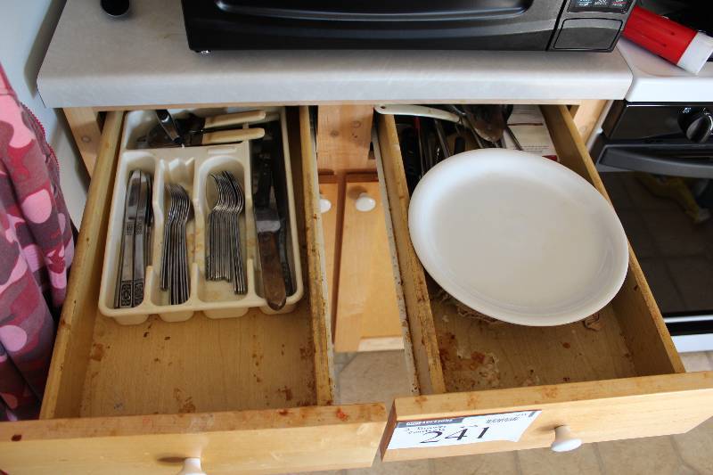 lot 241 image: Contents of Drawer Including Silverware Set Silverware Rack Spatula And More.