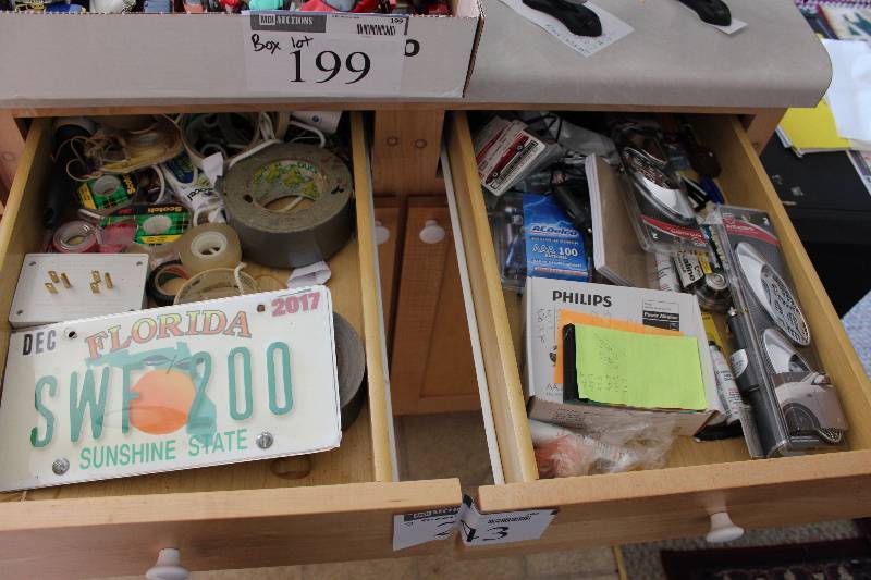 lot 243 image: Contents of (2) Drawers Including Batteries Duct Tape Classic Emblems And More.