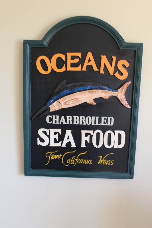 lot 253 image: Oceans Char Broiled Sea Food Sign wWooden Frame.
