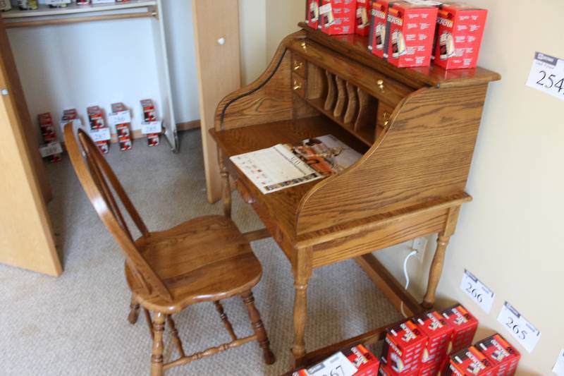 lot 254 image: Lot of (2) Including Wooden Chair Wooden Desk wStorage Drawers 32 X 24 X 44 18 X 18 X 38.5.