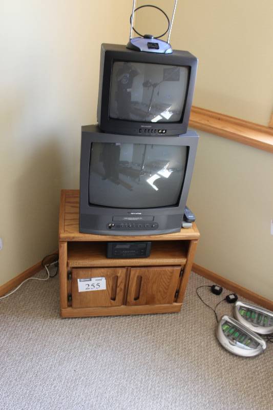lot 255 image: Lot of (3) Including Televisions (2) Wooden Entertainment Shelf wLower Cabinet.