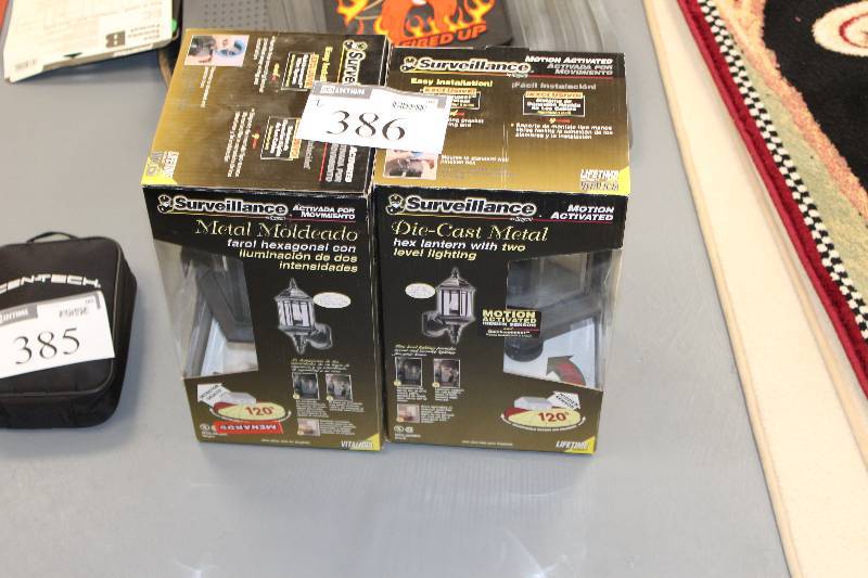 lot 386 image: Box Lot of (2) Surveillance Die-Cast Metal Hex Lantern wTwo Level Lighting.