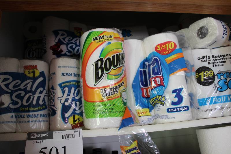 lot 501 image: Shelf Lot Including Paper Towel Rolls.