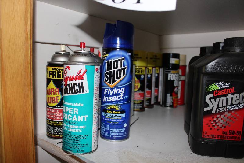 lot 503 image: Shelf Lot Including Hot Shot Insect Killer Super Lubricant And More.