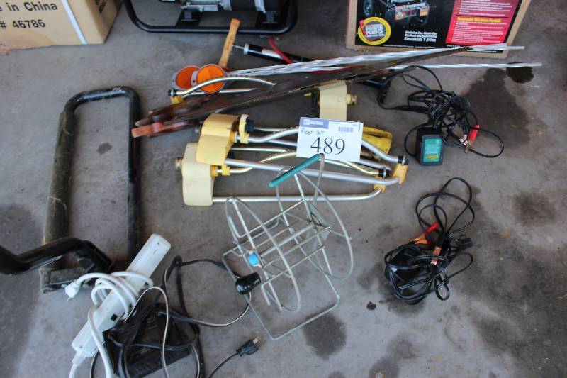 lot 489 image: Floor Lot Including Sprinklers (2) Caution Reflector Stakes Cords And More.