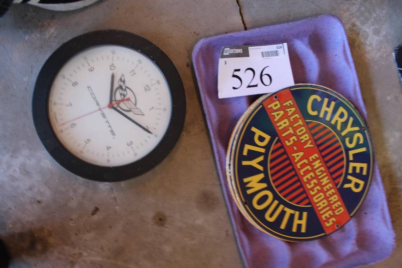 lot 526 image: Lot of (3) Including Corvette Clock Chrysler Collectible Tin