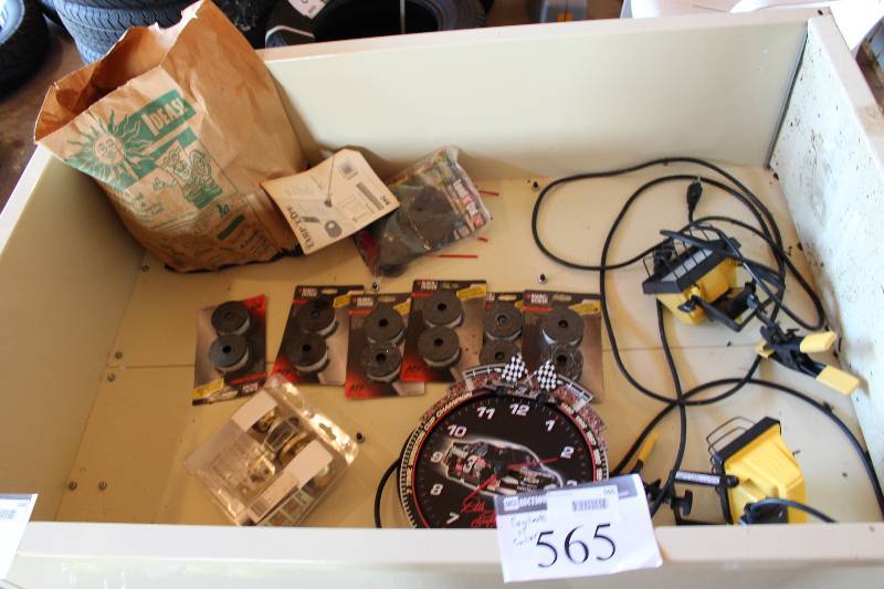lot 565 image: Contents of Trailer Including Dale Earnhards Clock Work Lights (2) Door Handle And More.