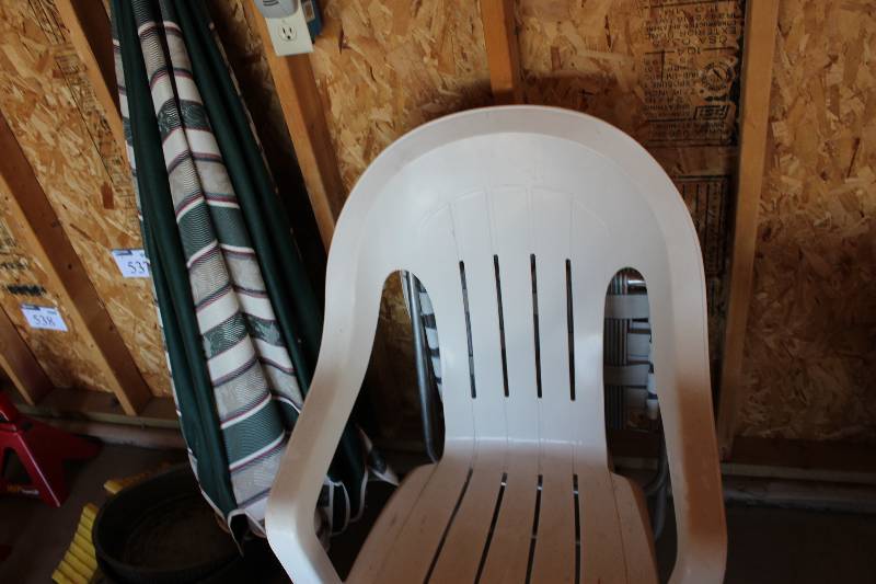 lot 535 image: Lot of (3) including Plastic Chair Patio Umbrella Folding Chair.