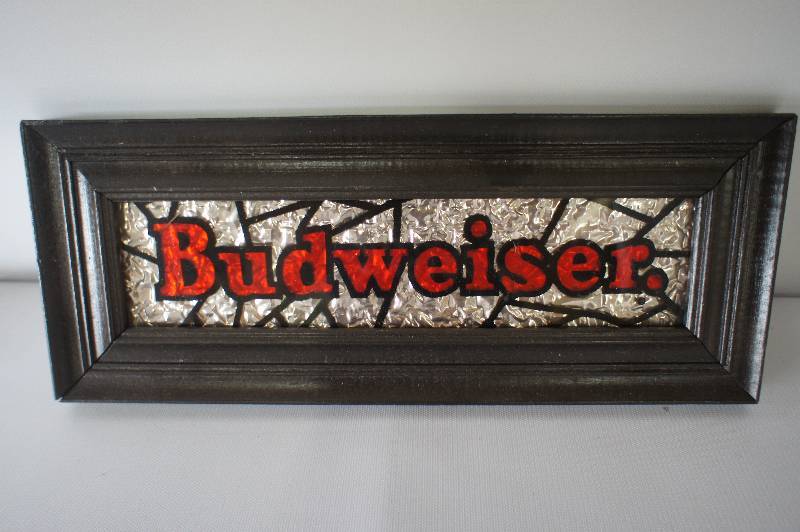 Budweiser Framed Sign and 17 Mini Tip Trays