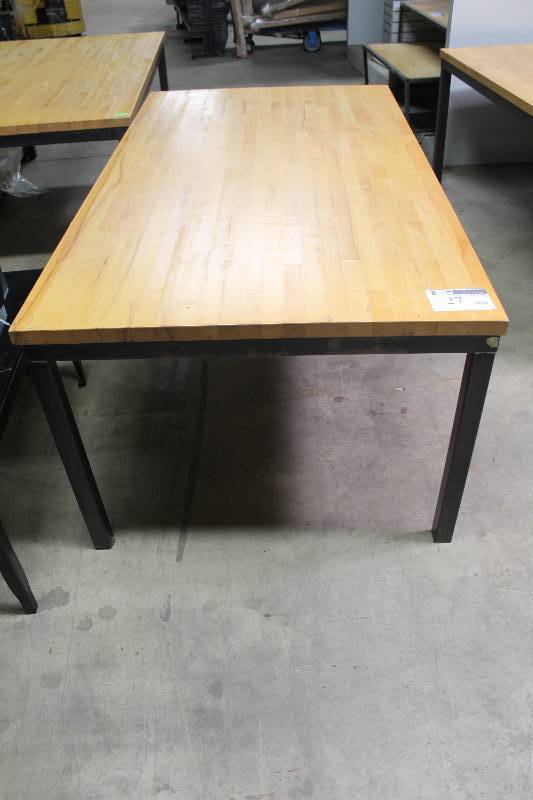 lot 27 image: Wooden Table wMetal Frame 42.5 x 78 x 29.5.