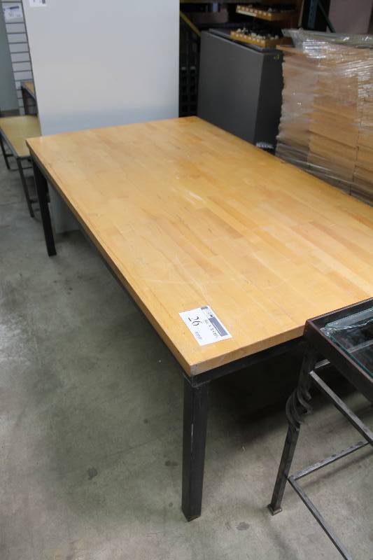 lot 26 image: Wooden Table wMetal Frame 42.5 x 78 x 29.5.