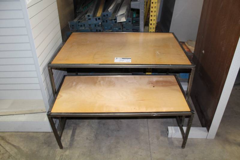 lot 29 image: Lot of (2) Wooden Tables wMetal Frames 24 x 45.5 x 18 34 x 48 x 29.