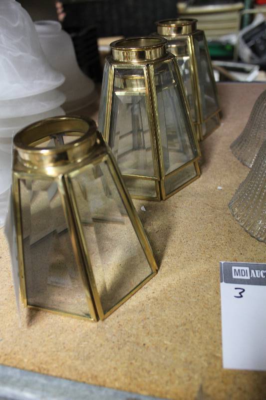 lot 152 image: Lot of (5) Brass Style Light Shades wGlass Panels.