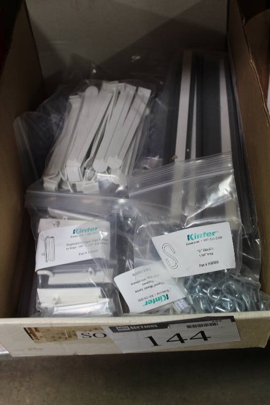 lot 144 image: Kinter Box Lot Including S Hooks Pegboard Gripper Sign Holder Butterfly Display Hooks And More.