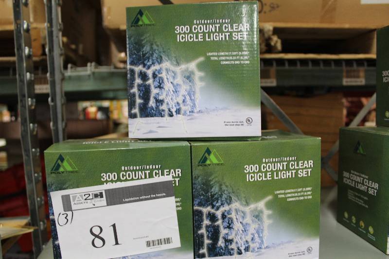 lot 81 image: Box Lot of (3) 300 Count Clear Icicle Light Set.