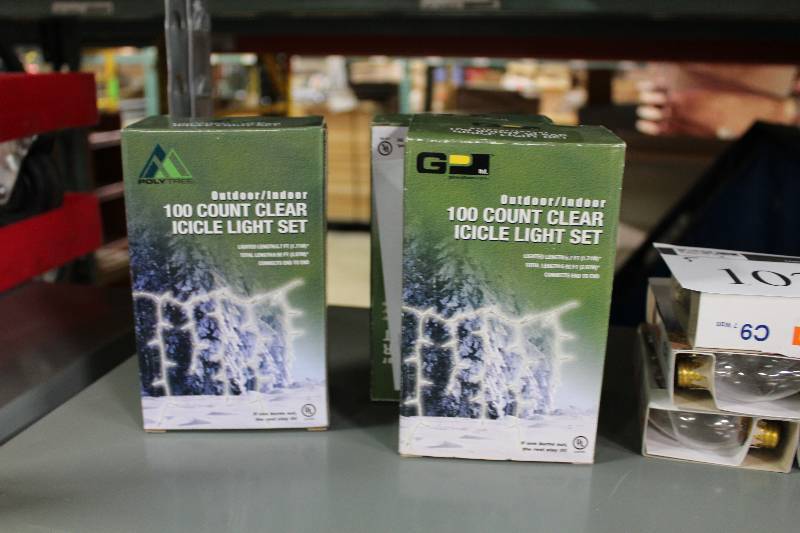 lot 101 image: Box Lot of (3) 100 ct. Clear Icicle Light Set.