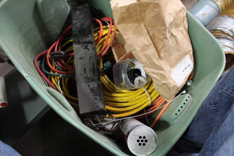 lot 111 image: Bin Lot Including Extension Cords Plug-Ins Miscellaneous Hardware And More.
