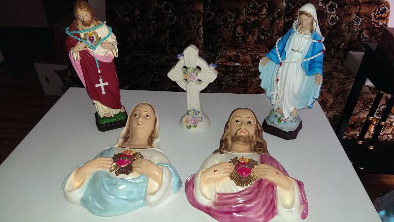 Jesus and Mary figurines, wall plaques, cross decorations