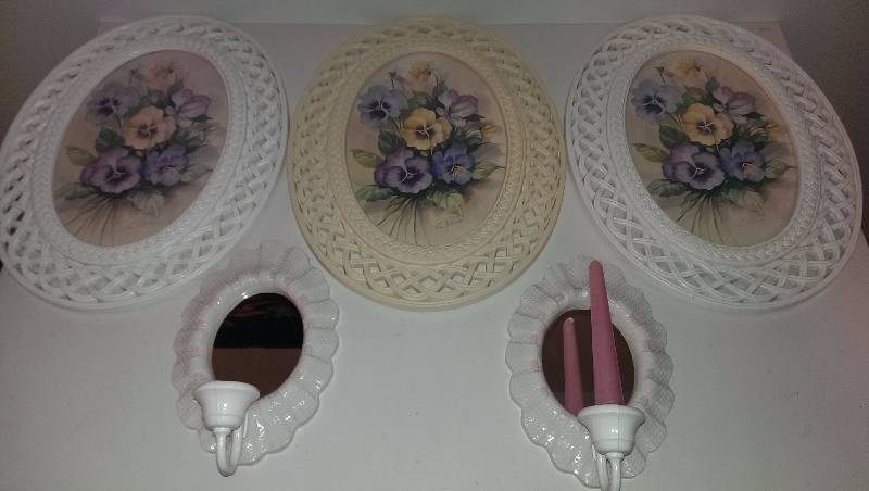 Three pansy pictures and a pair of sconces