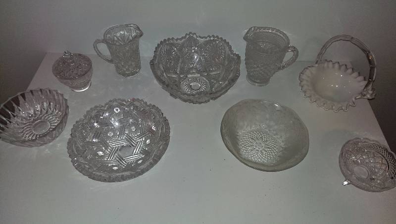 Crystal dishes and a milk glass basket