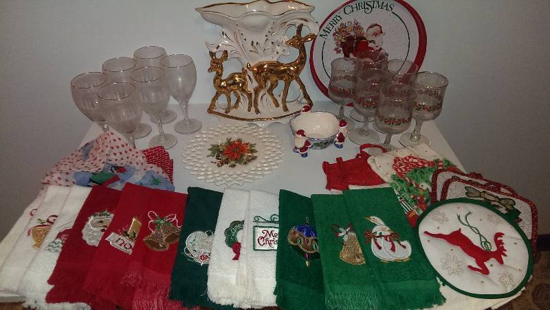 Two sets of six wine goblets, gold trim deer planter, xmas platter, towels, dishes