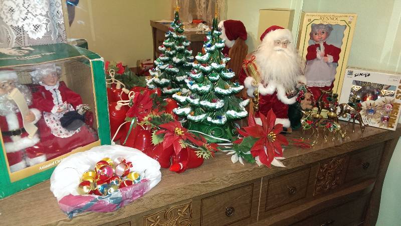 Santa and Mrs, Claus figurines, lighted tree, deer candle bras, misc