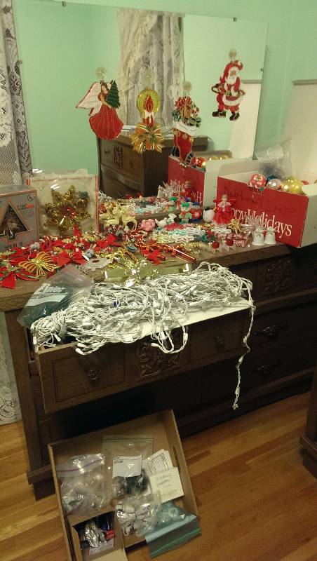 Christmas tree decorations, hair clips, string lights