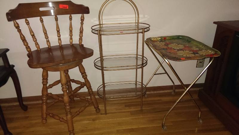 TV tray, glass shelf, bar stool