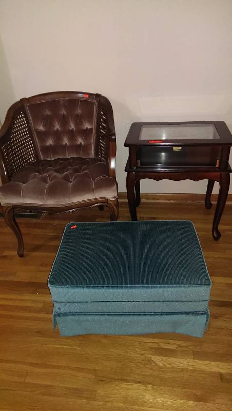 Side table with curio box, cushion chair, ottoman
