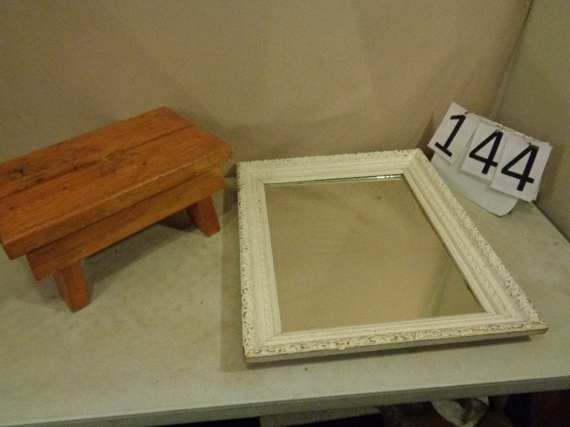 Wood Stool and Framed Mirror