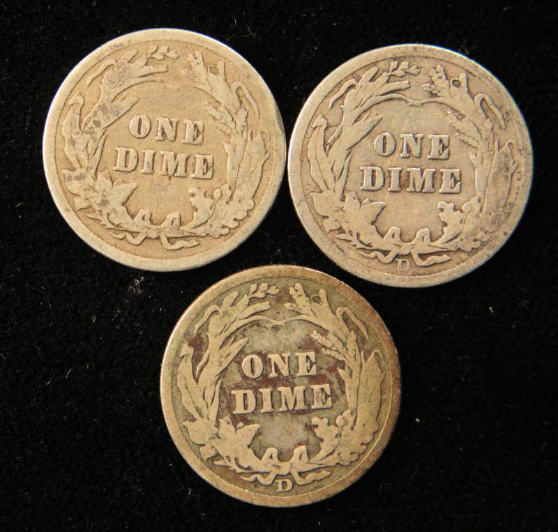 lot 27 image: GROUP OF 3 SILVER BARBER DIMES AS PICTURED