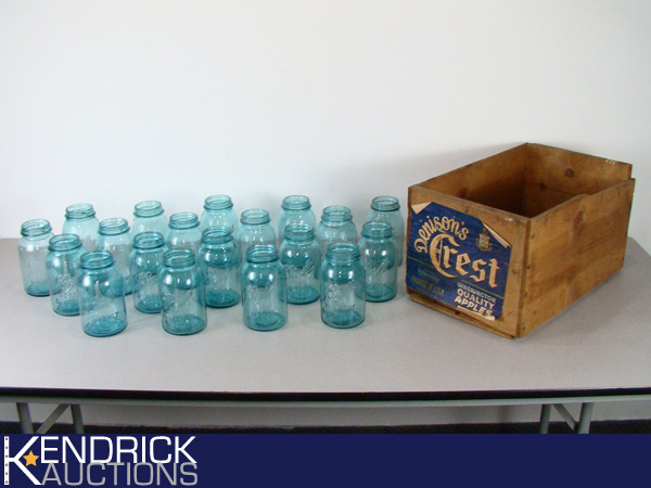 Large Lot of 19 Vintage Ball Blue Mason Jars in Wood Crate