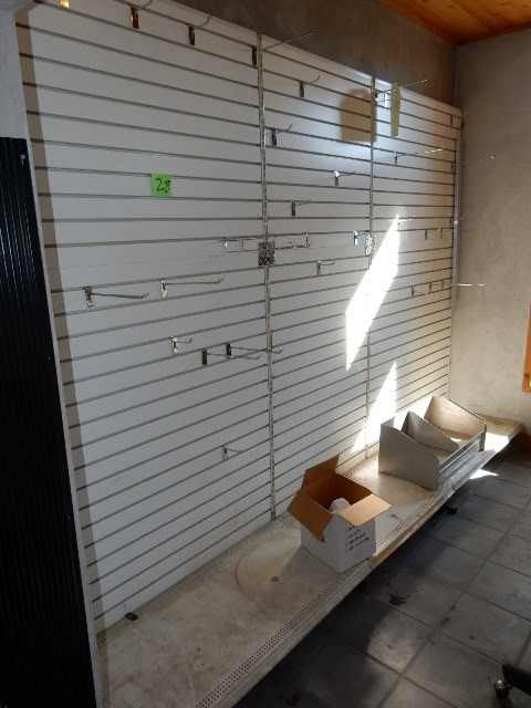 lot 28 image: Slat Wall Display shelves.. 48in and 36 in.. 22 in deep, 12 in deep, 8ft tall and 70in tall