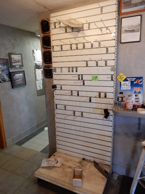 lot 29 image: 2, 36in x 22in x 91in Slat Wall Display shelves.. A