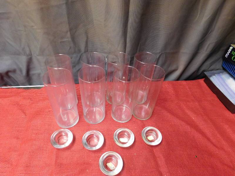 eight tall glass cylinders for floating candles and or floral arrangement