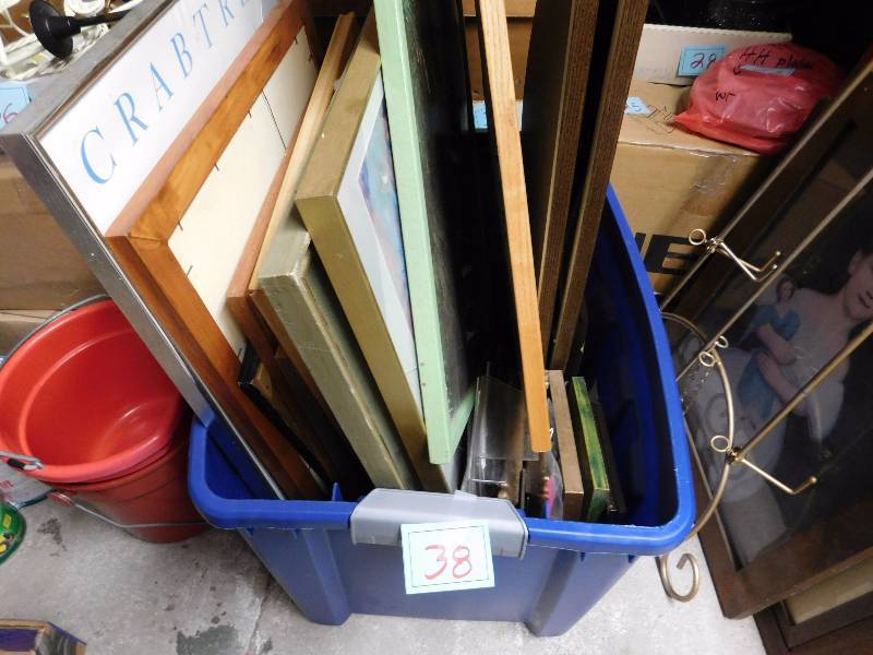 large bin of framed items 1 or 2 have cracked glass