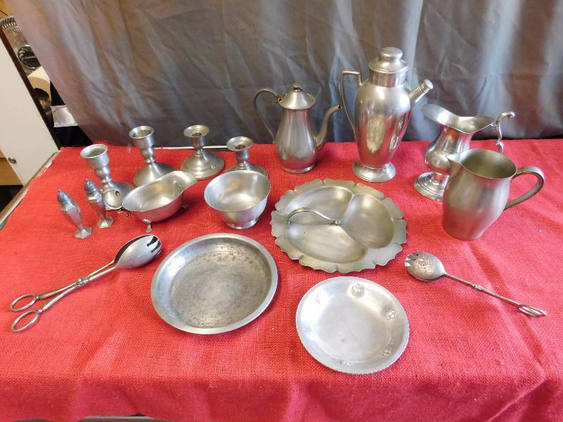 several metal serving items silver-plate, stainless and pewter