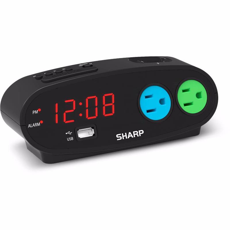 lot 28 image: Home Sharp Alarm and Outlets, Hilo display, Electric powered w USB, Black