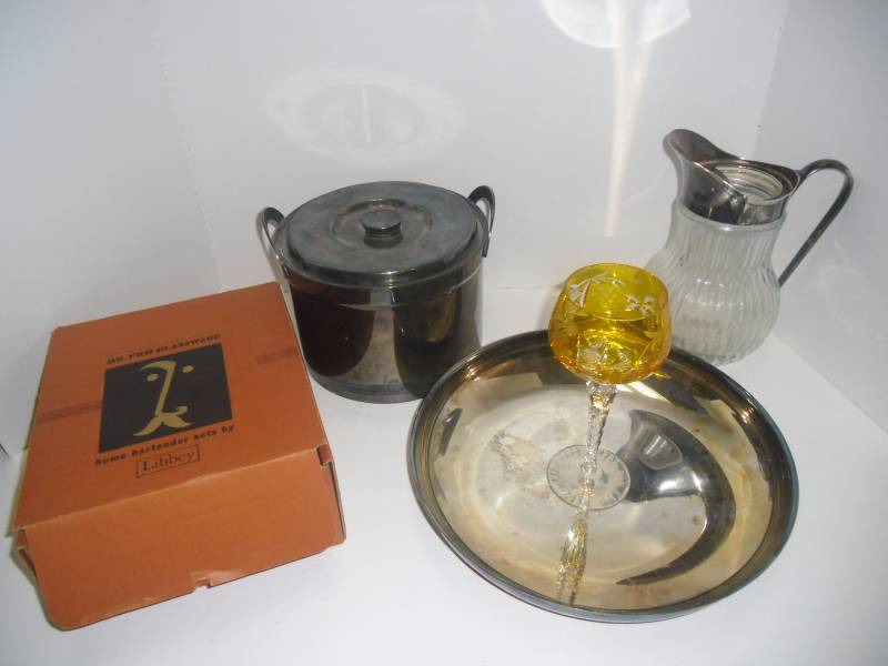 Silver Plate Barware - Tray, Water Pitcher, Ice Bucket, Libby Mr Pro Bar Glasses