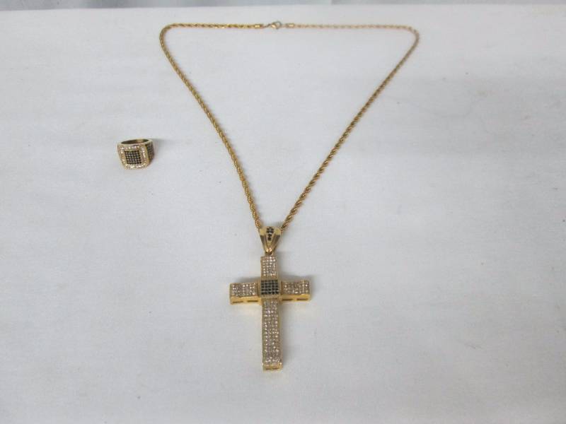 lot 96 image: Stainless Steel Mens Goldtone Cross & Ring Set