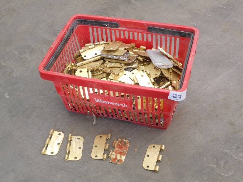 lot 23 image: Bin Full Of Brass Door Hinges ...
