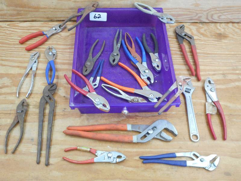 lot 62 image: Lot Of Assorted Pliers, Wrenches, E...