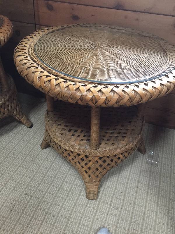 Wicker End Table with Glass Top