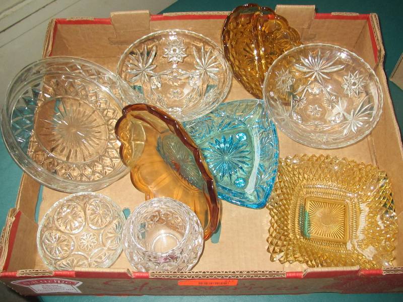 Crystal dishes � Amber and blue, two footed crystal bowls, Small heavy candle holder, large candle holder