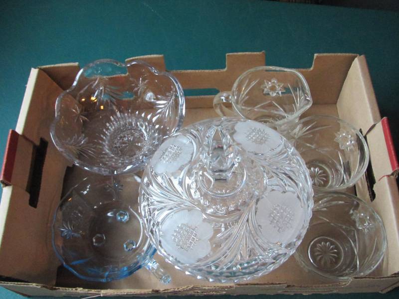 Blue dish, crystal cream and sugar, large footed crystal dish, fluted crystal dish