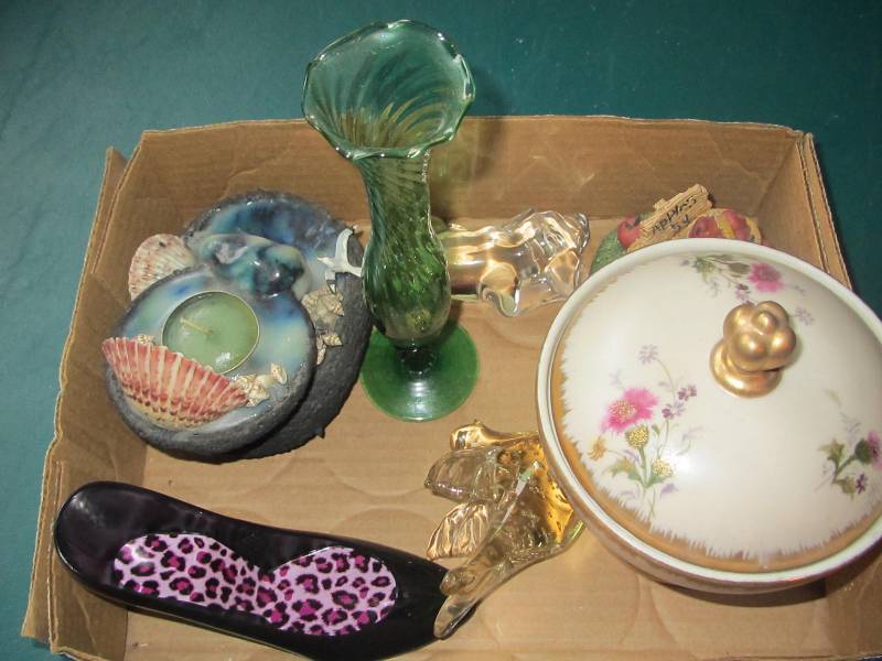 Green flower vase, beige gold candy dish, ornament candle, top for jar candle, Princess House solid dog and bird, black shoe for jewelry