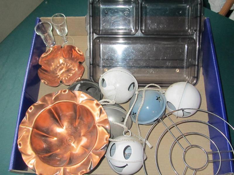Copper bowls, two shot glasses, door bells, hot pot holder, plastic jewelry container