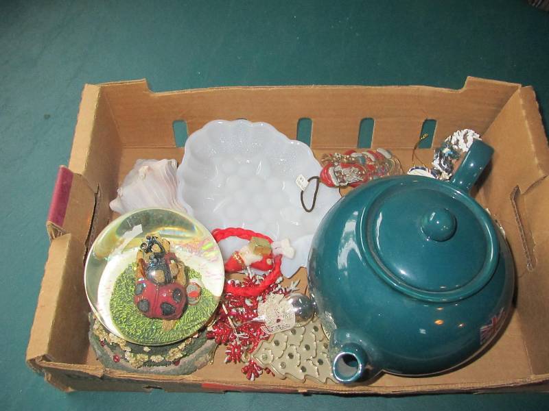 Milk glass dish, Boyd�s bears globe, teapot from England. Christmas tree decorations