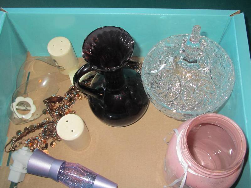 Salt and pepper shakers, crystal bowl, decorated jar, lava night light, 30� copper belt, vase with handle