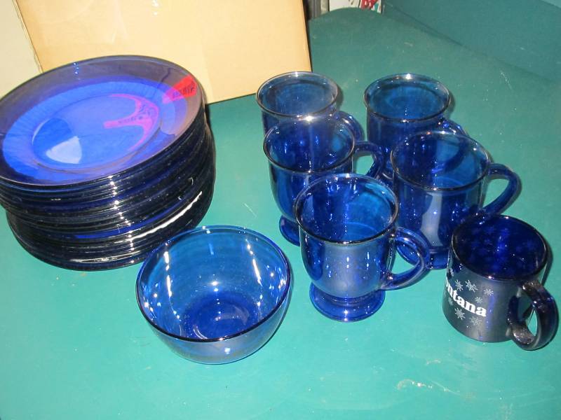 Blue glass plates and cups